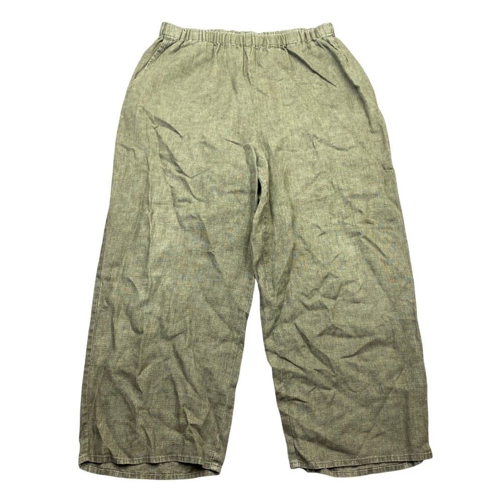 Flax 100% Linen Wide Leg Pants Olive Green Elastic Waist Medium tropical Boho
